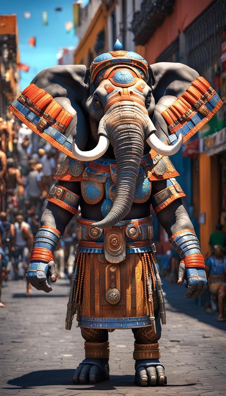 Elephant as Aztec Shaman in Cyberpunk Costume