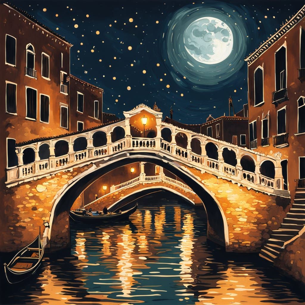 Venetian Bridge Under Golden Night Sky