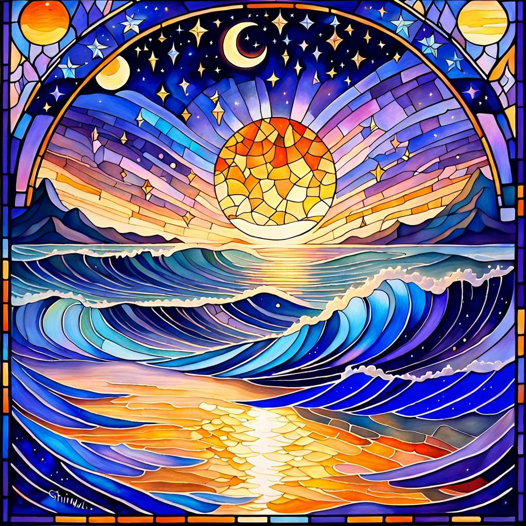 Serene Twilight: Orange, Gold, and Celestial Reflections