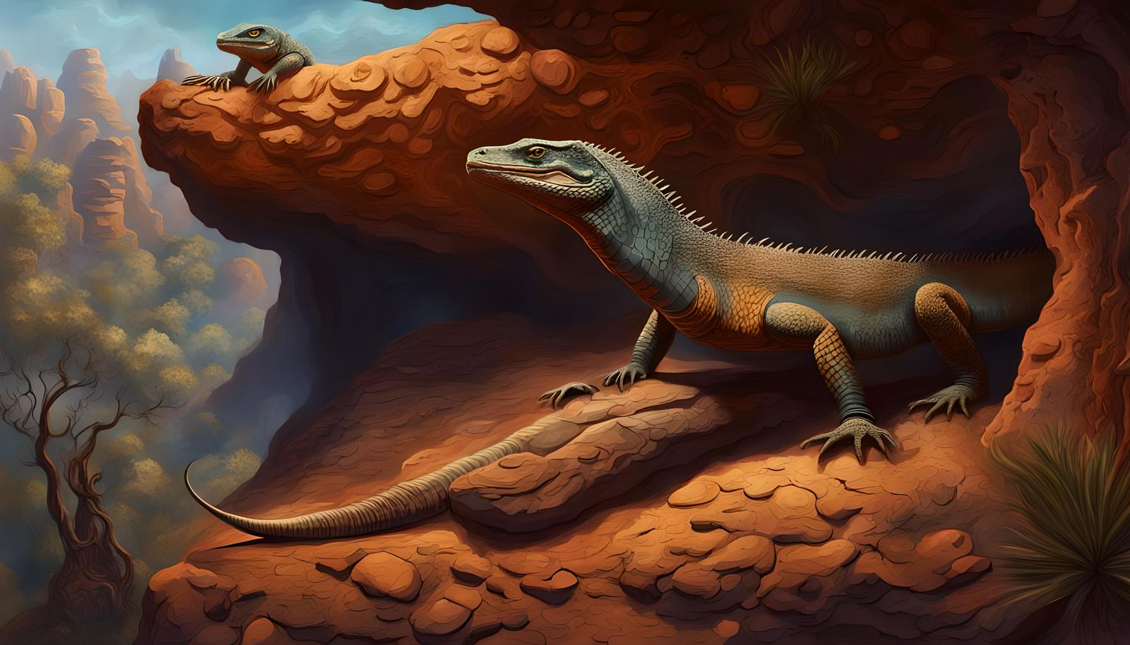 Aboriginal Painting of Goanna and Spirit Figures