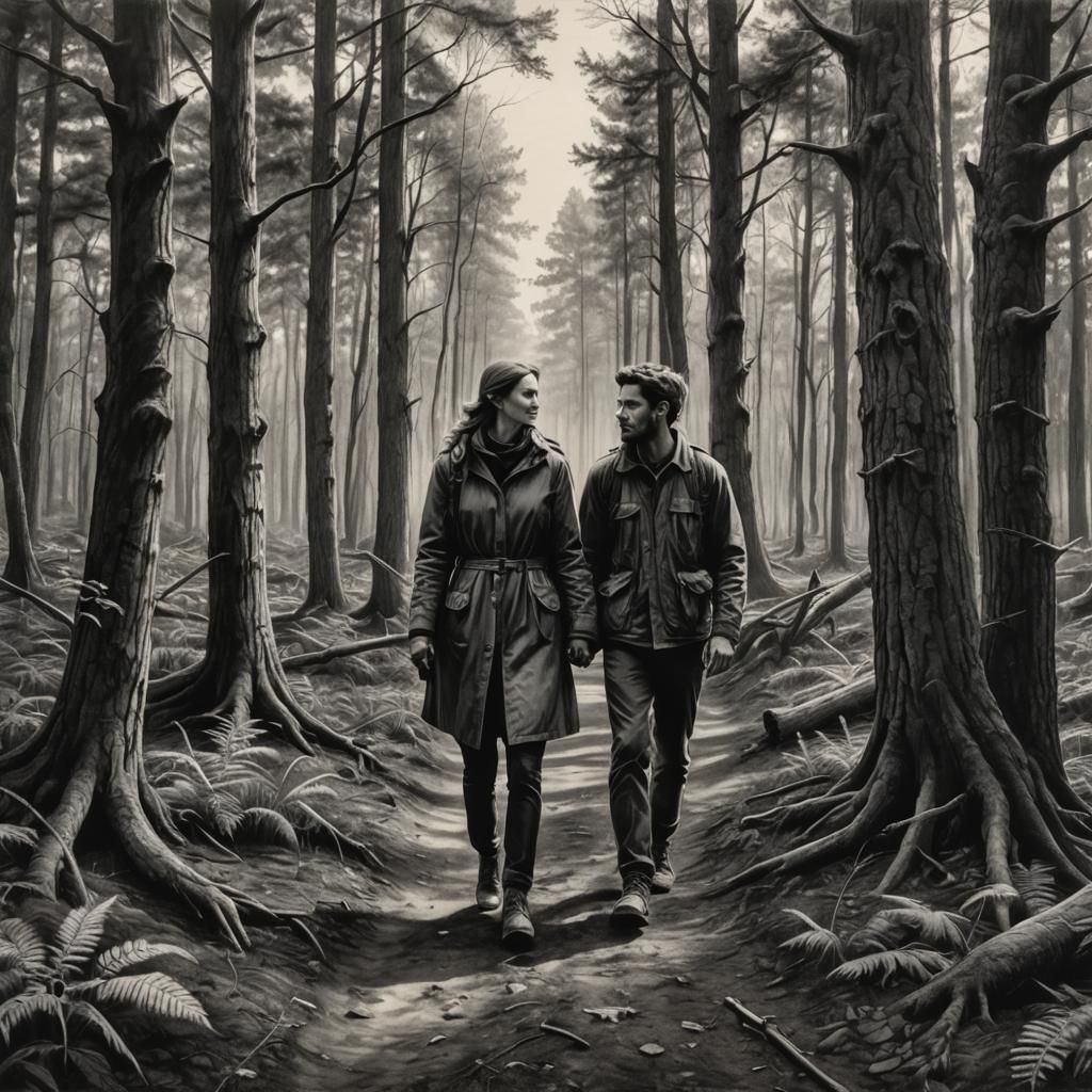 Man and Woman Walking Through Forest in Charcoal