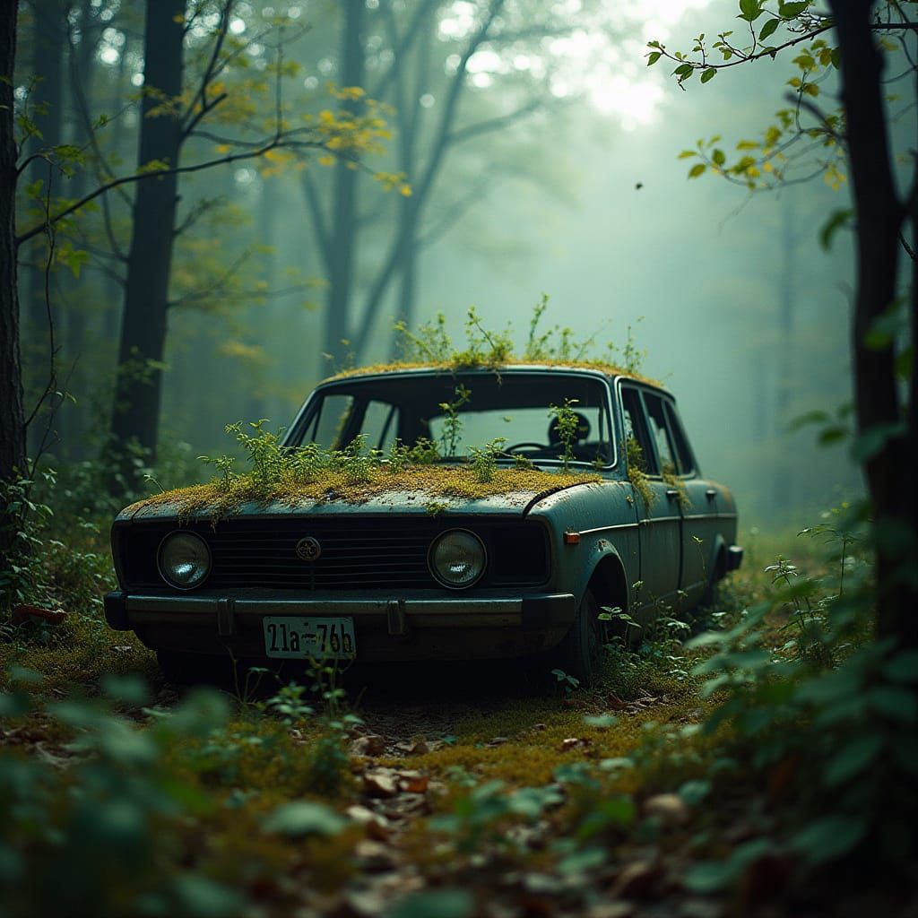 Abandoned Car Wreck Reclaimed by Nature in a Misty Forest