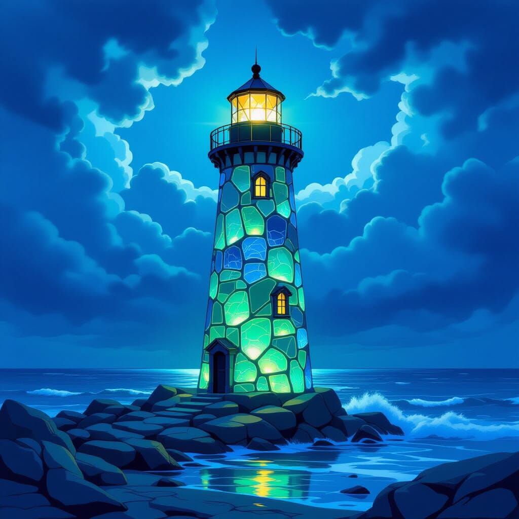 Glowing Sea Glass Lighthouse on Rocky Shore