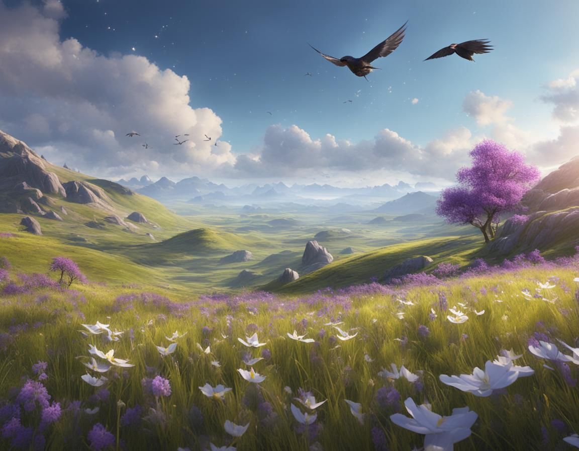 Spring Grassland with Wildflowers, Fantasy Concept Art