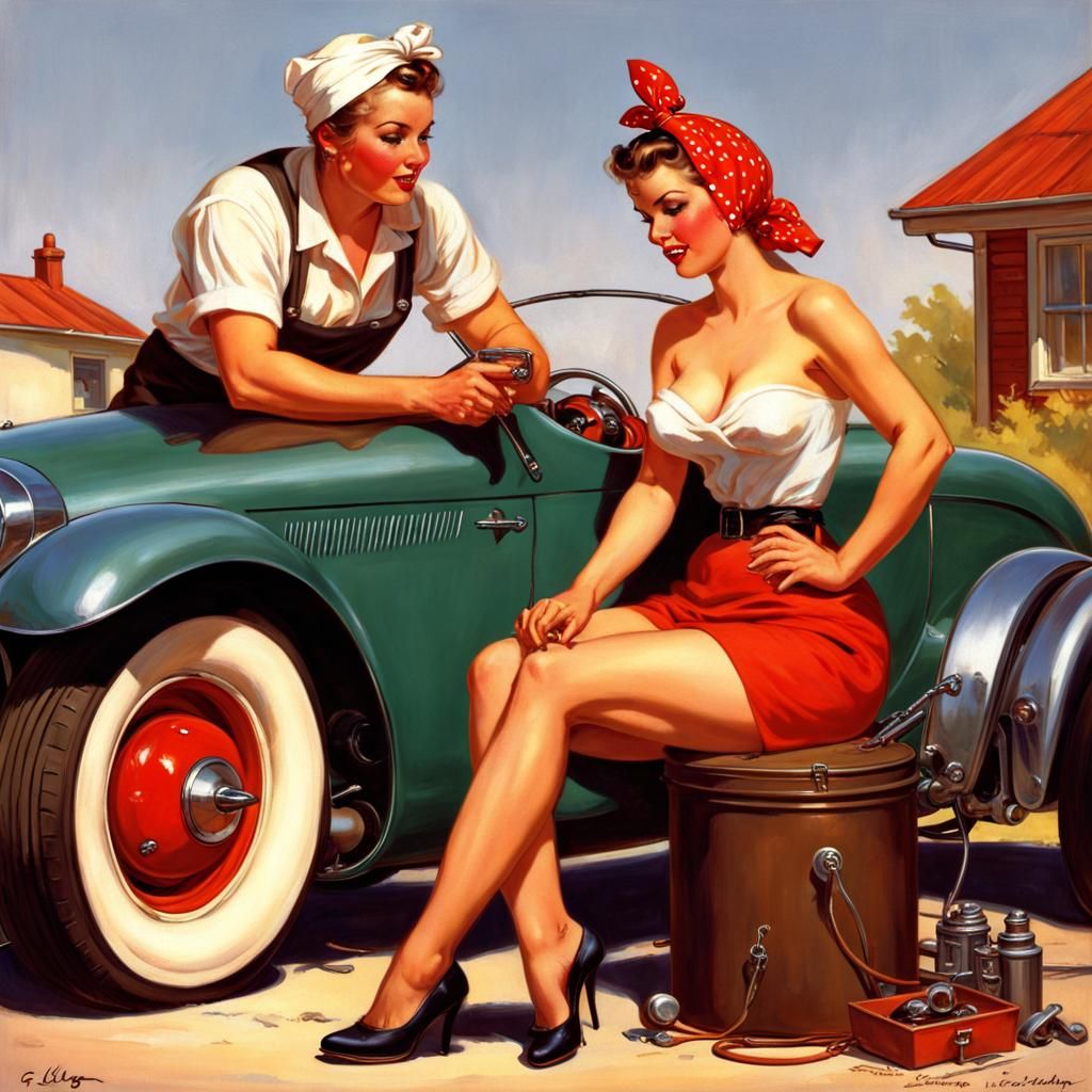 Woman and Mechanic in Gil Elvgren Pin-Up Style