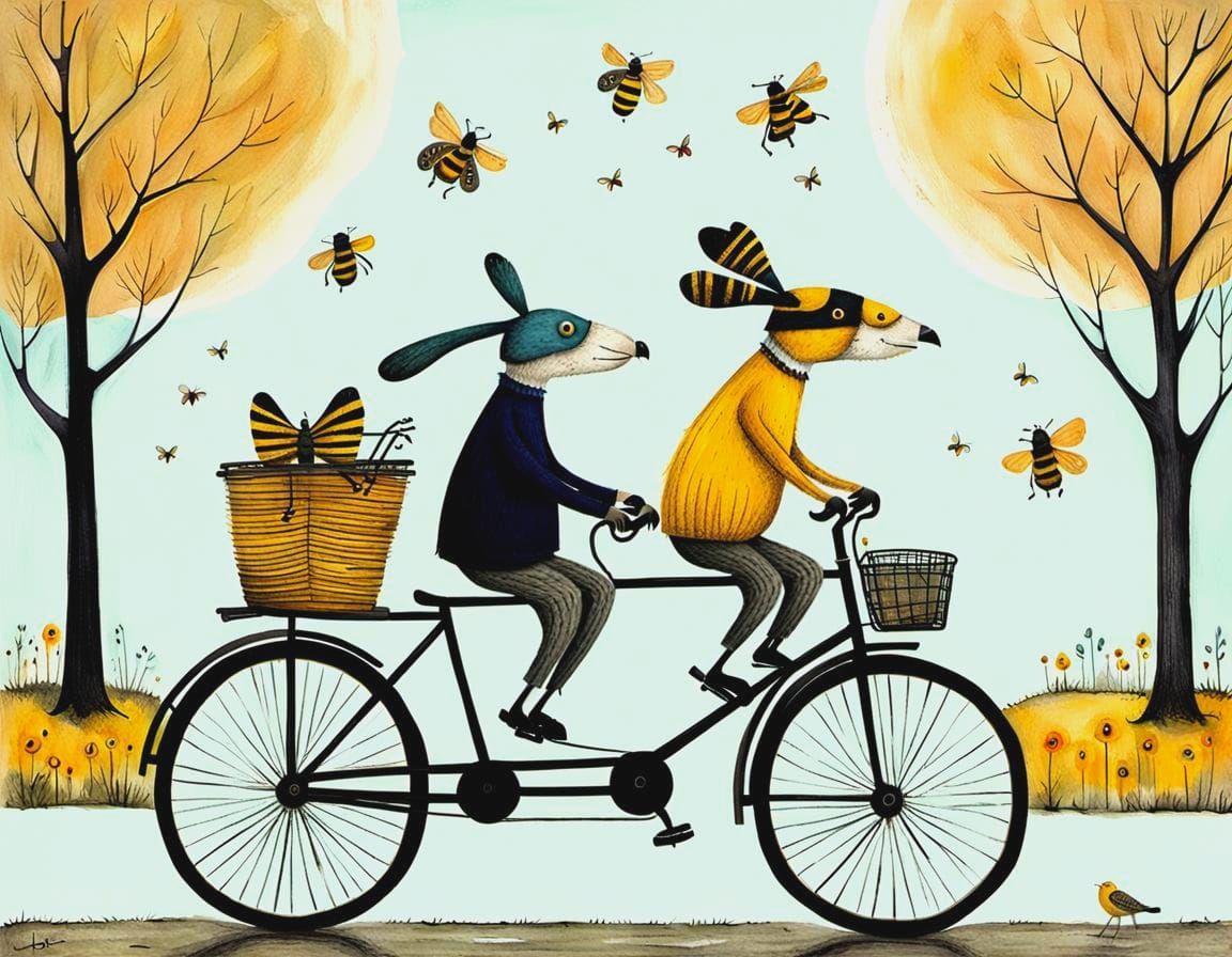 Whimsical Tandem Ride in Naive Art Style