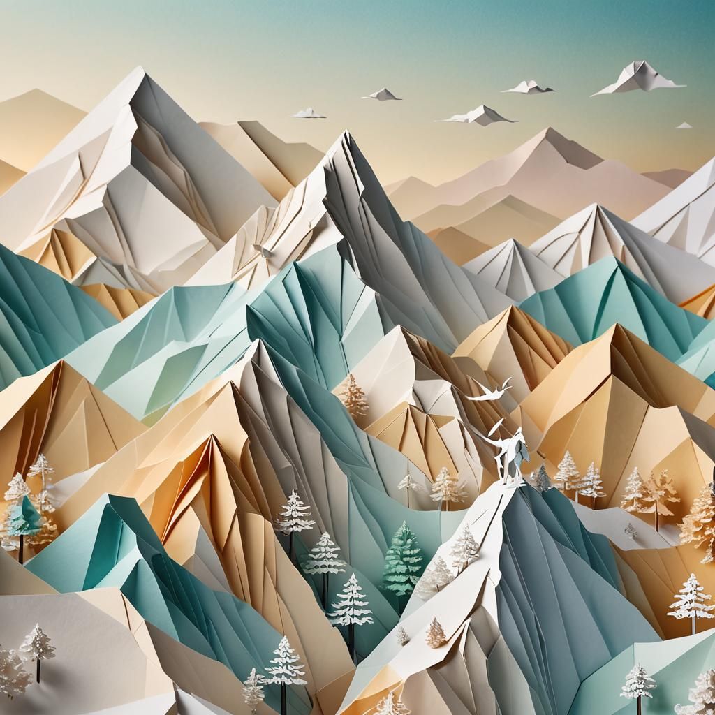 Origami Climber Ascends Snowy Mountain Vista