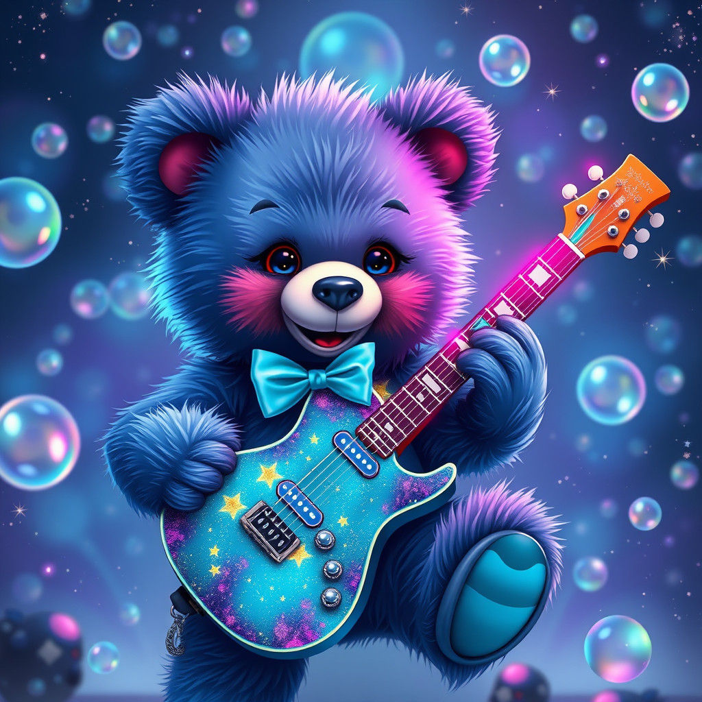 Blue Teddy Bear Plays Guitar in Fantasy World