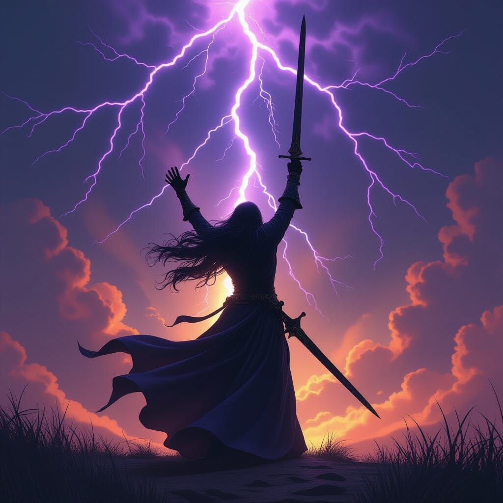 Fae Warrior Silhouetted in Lightning, Sword Held Aloft