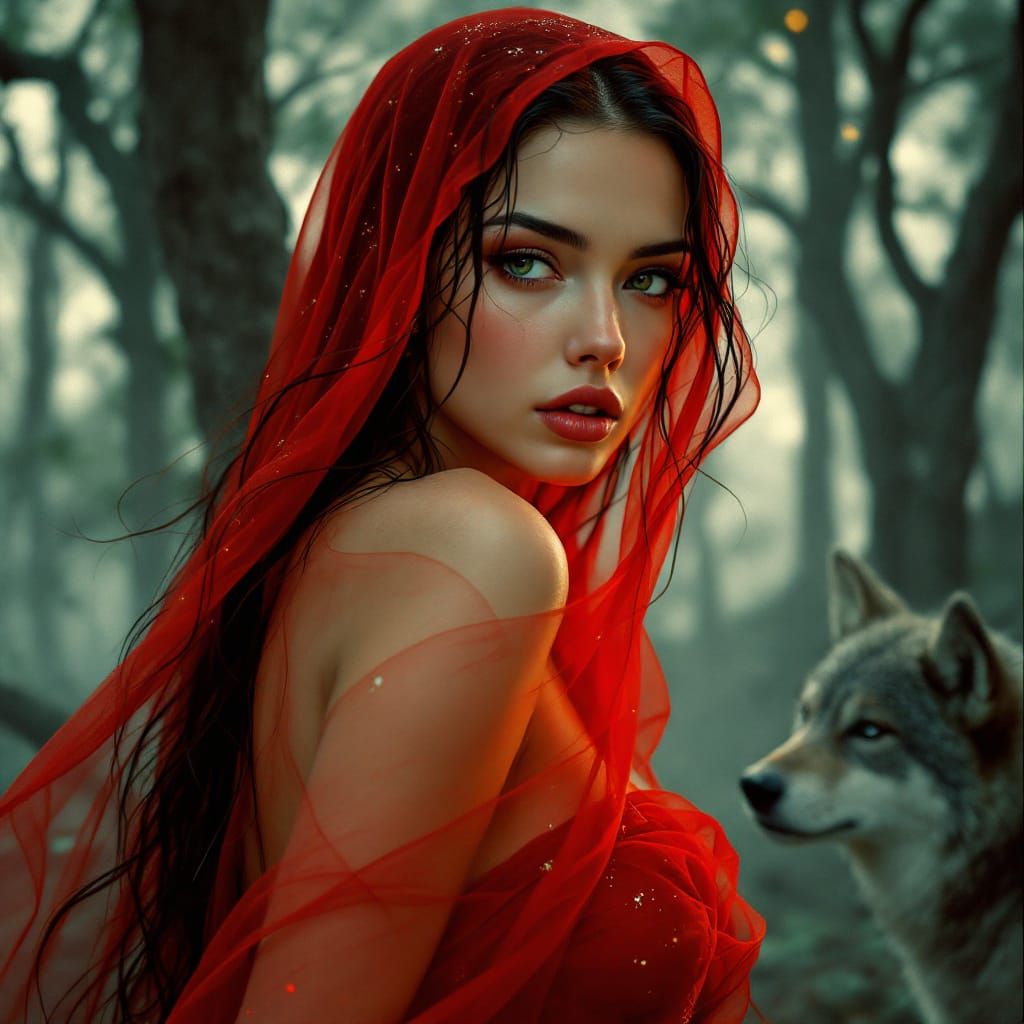 Red Riding Hood's Mysterious Encounter with Wolf in Misty Wo...