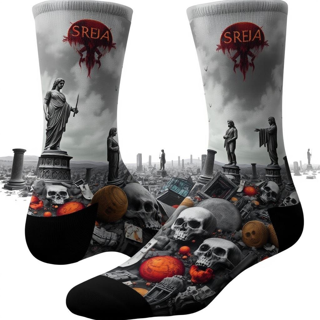 Surreal Dreamscape Socks: Decaying Stone and Ghostly Shadows