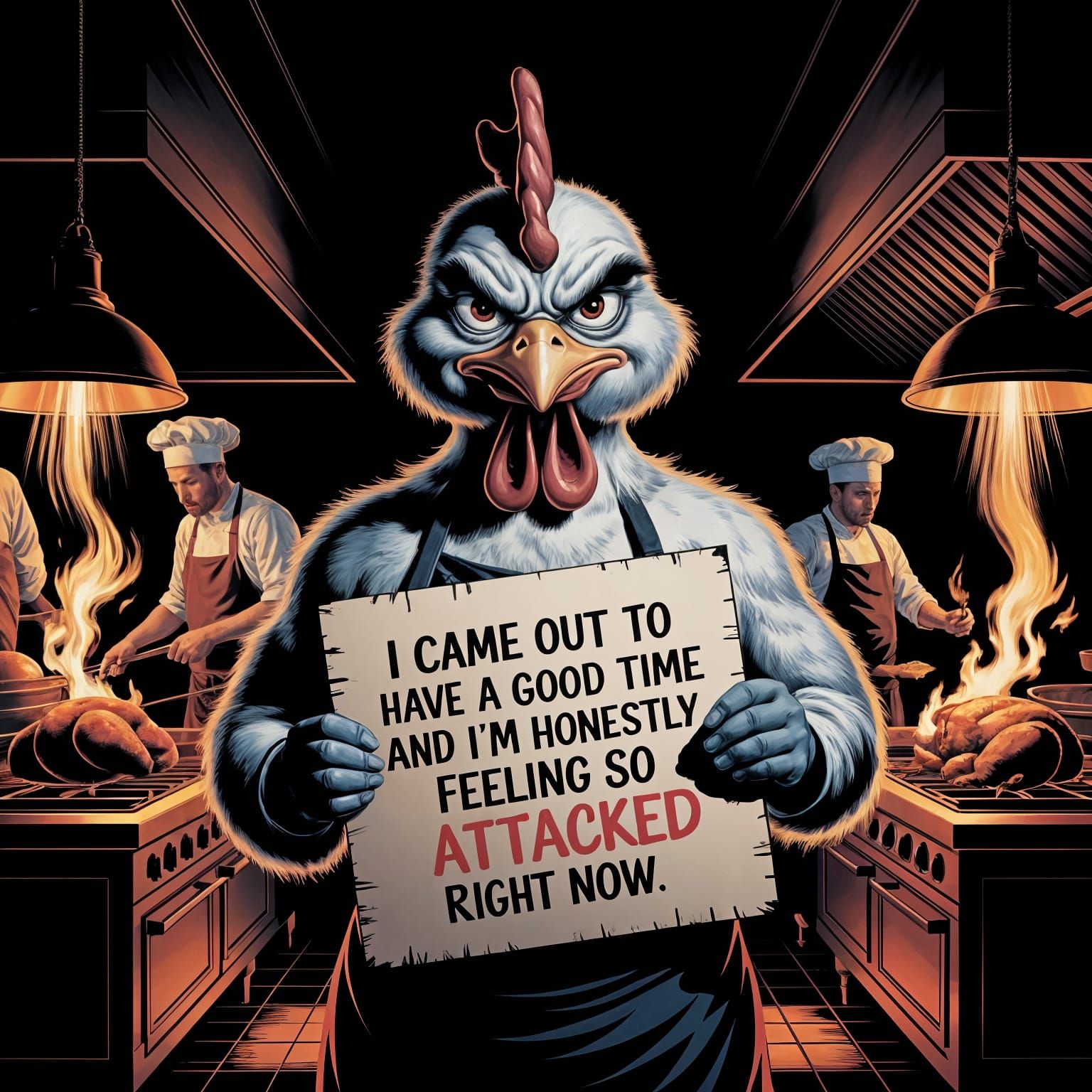 Furious Chicken in Kitchen, Caravaggio Style