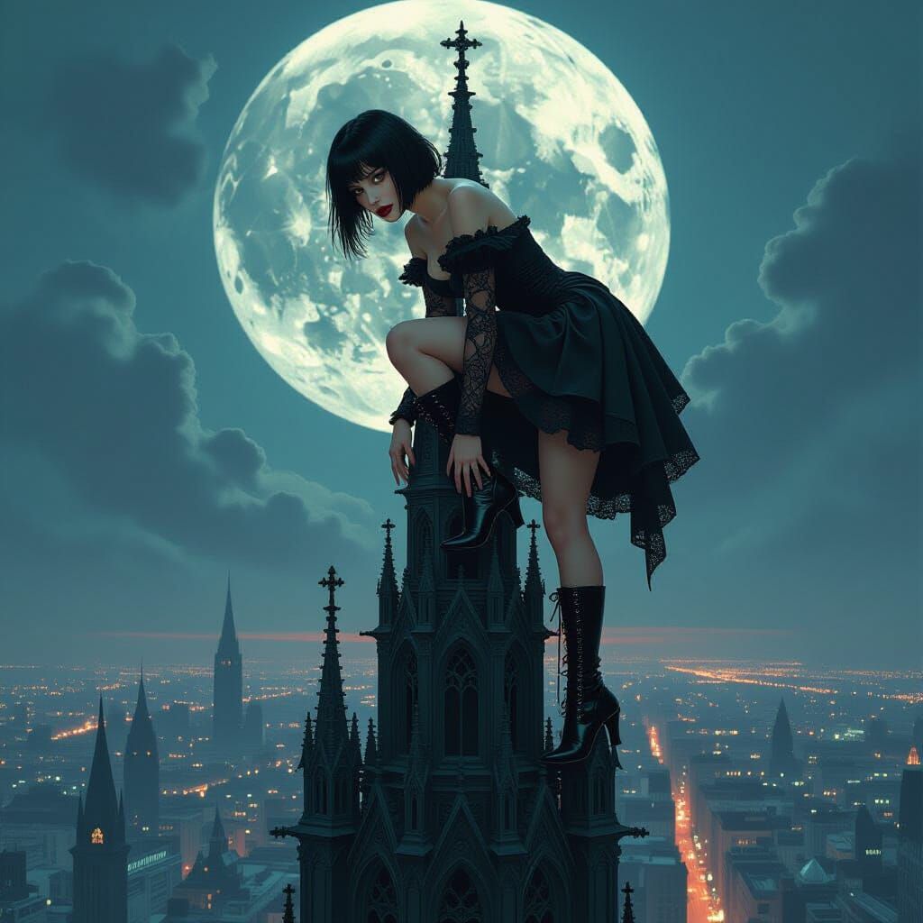 Gothic Woman Climbs Cathedral Spire in Glitch Art Style