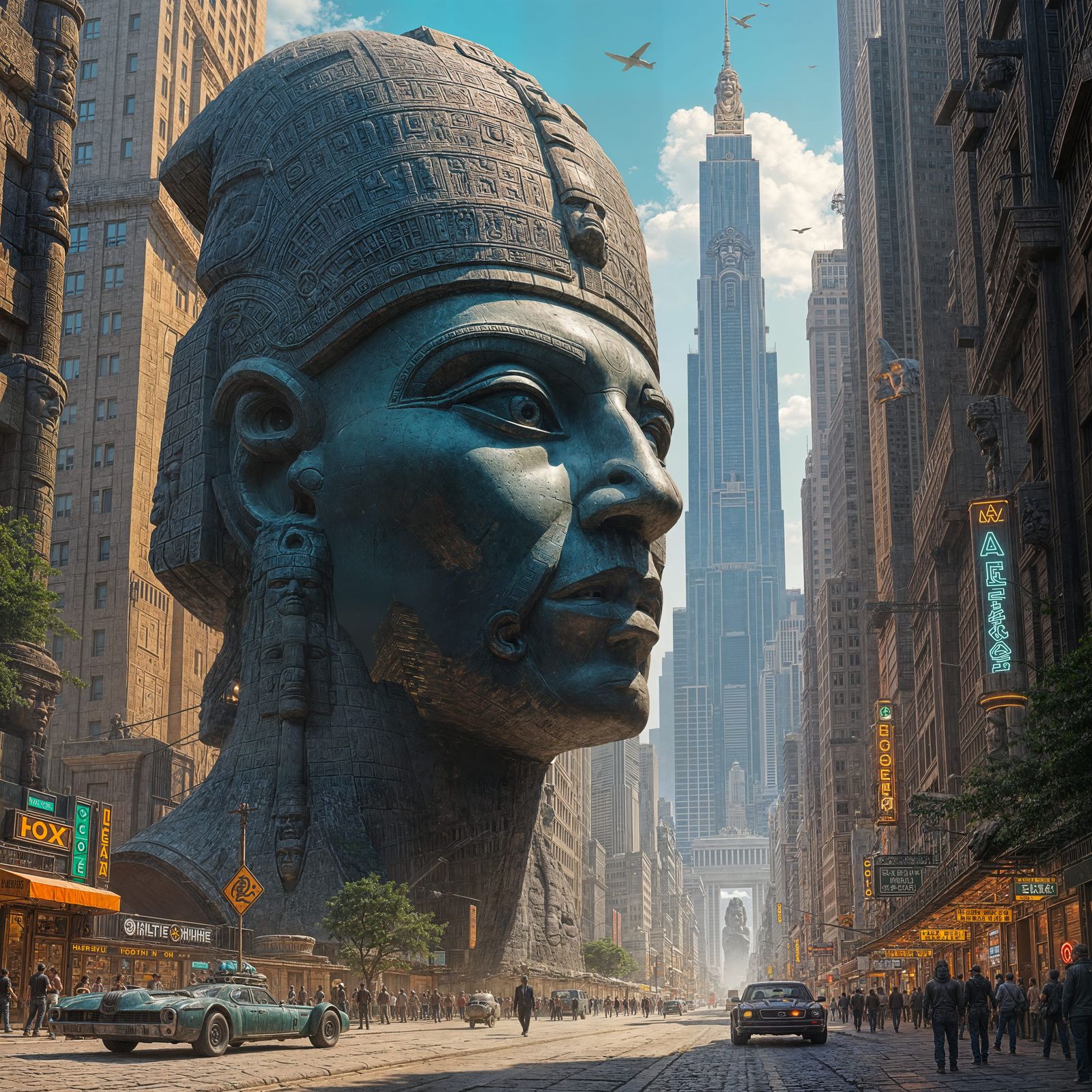 Olmec Head in Futuristic Metropolis