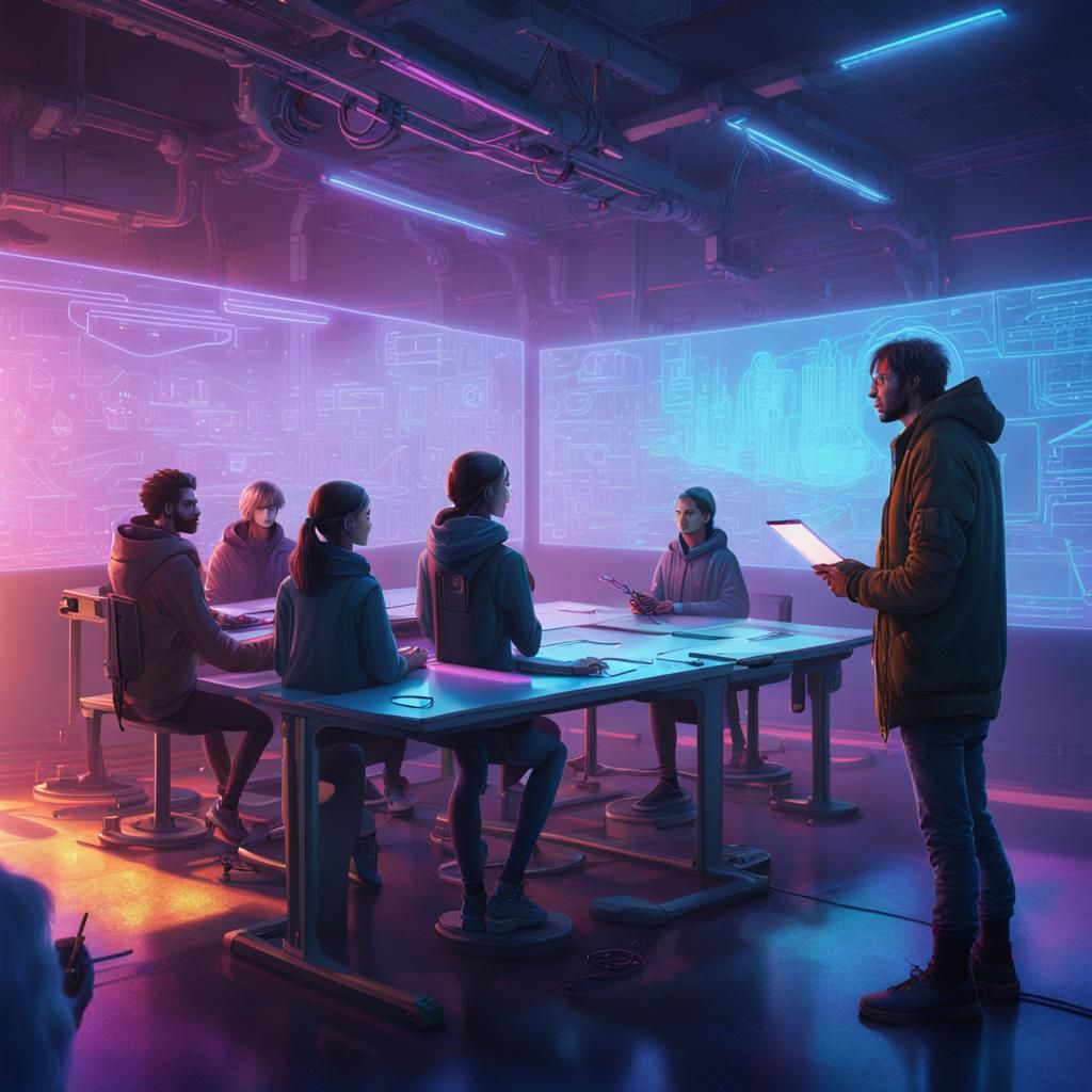 Cyborg Elves in a Cyberpunk Fantasy Classroom