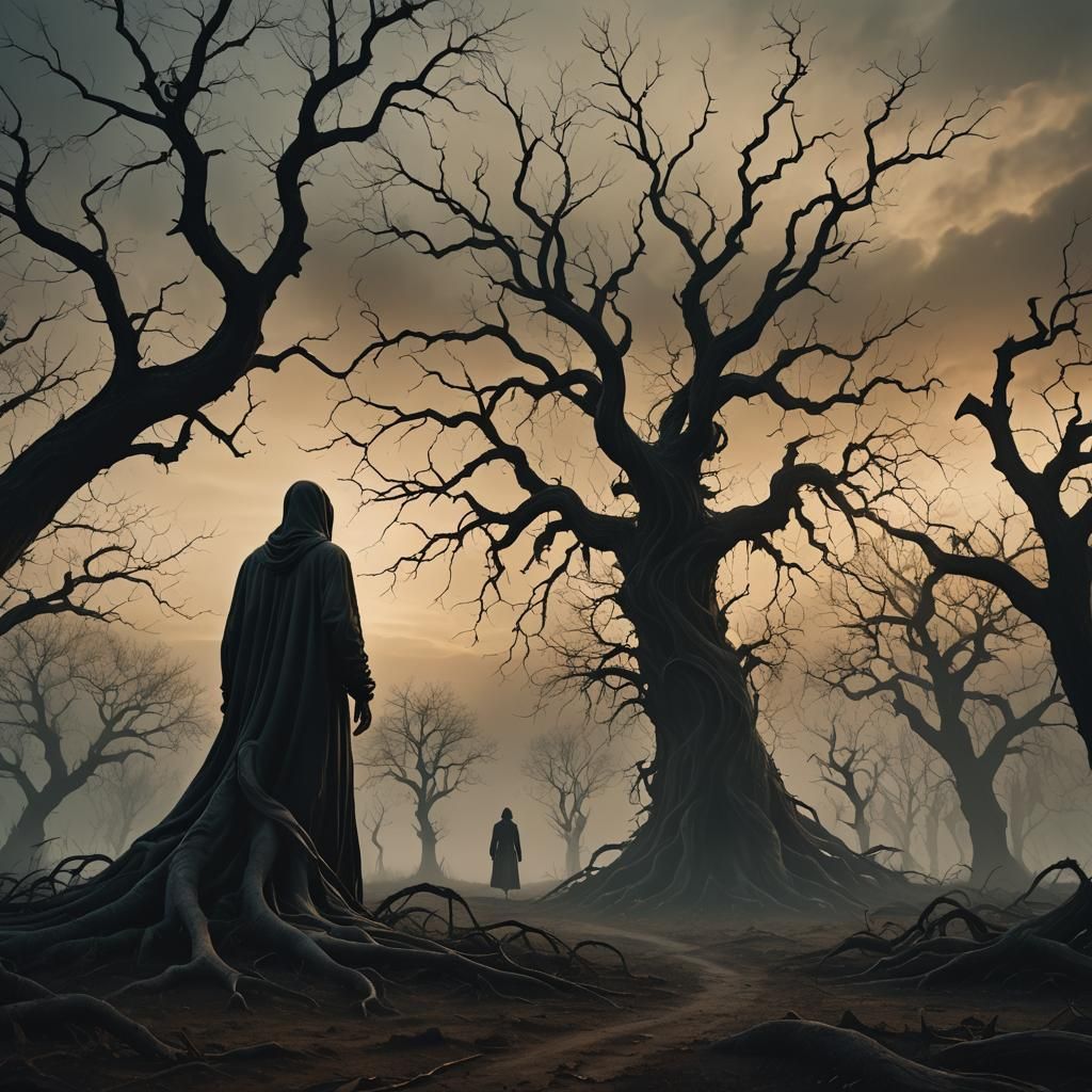 Eerie Ghostly Figure in Dark Surrealist Landscape