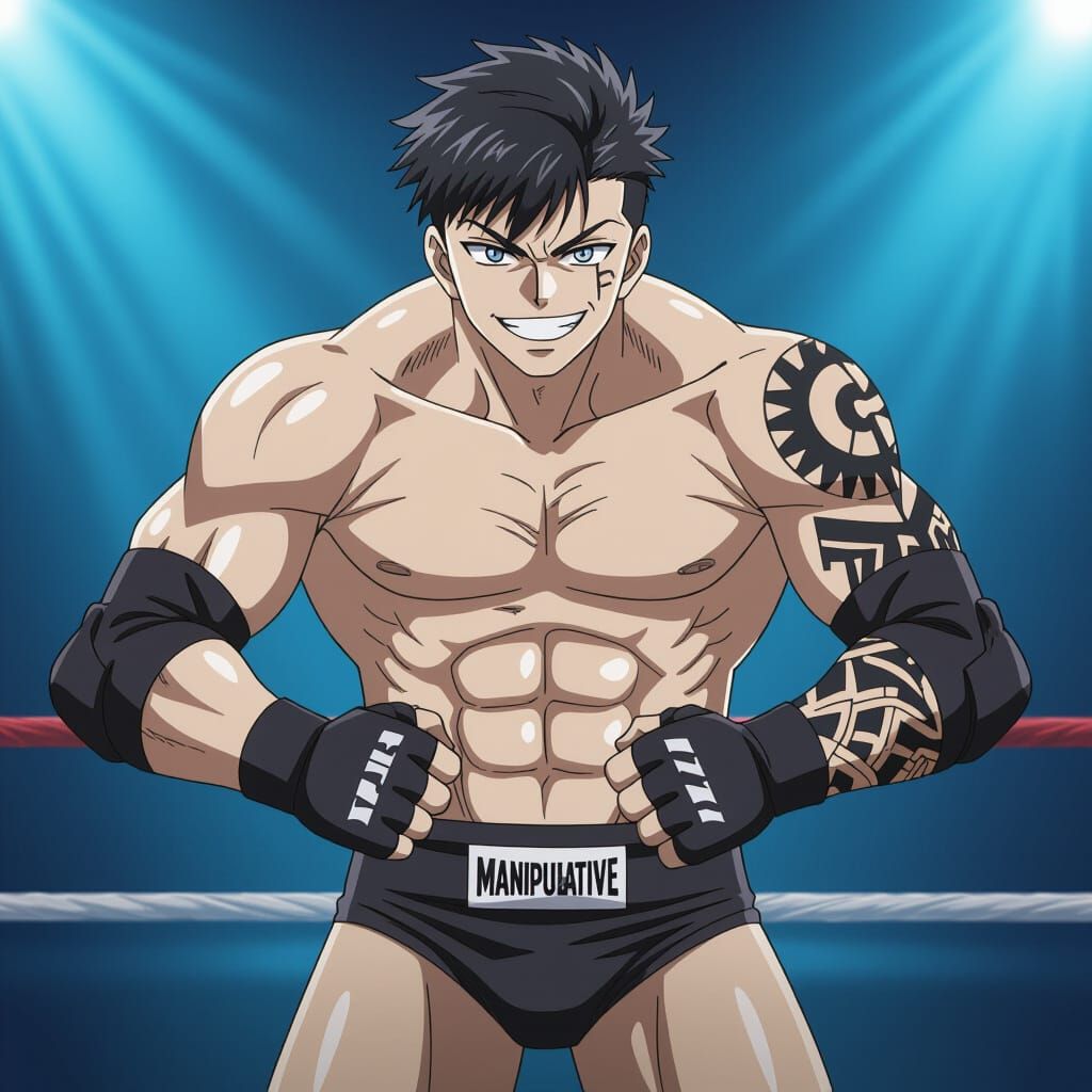 Anime Wrestler with Tattoo Sleeve and Mischievous Smile