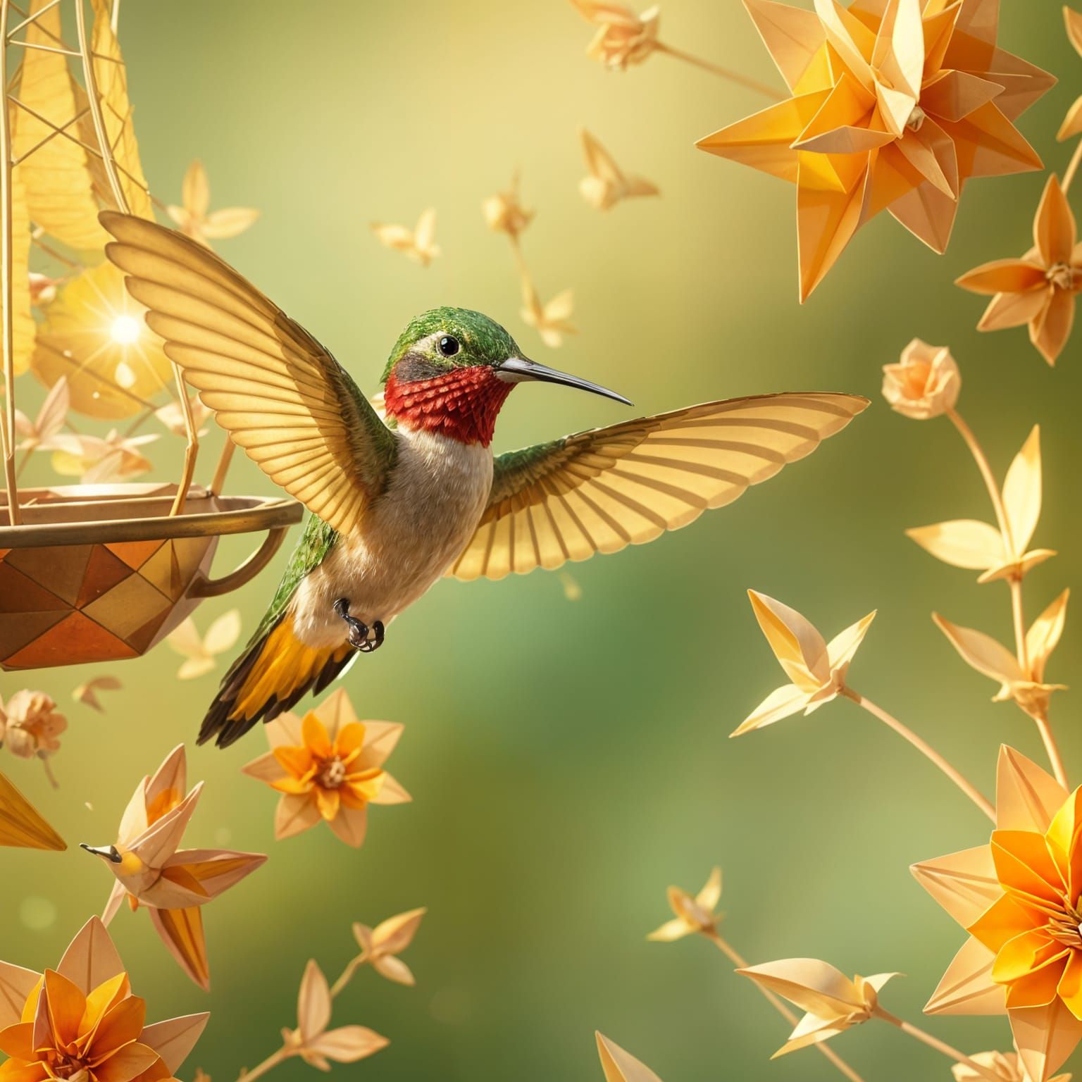 Origami Hummingbird and Blossoms in 3D Animation Style