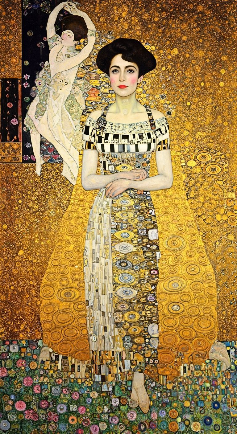 Austrian Woman in Ornate Gown with Jewel Dancers, Klimt Styl...