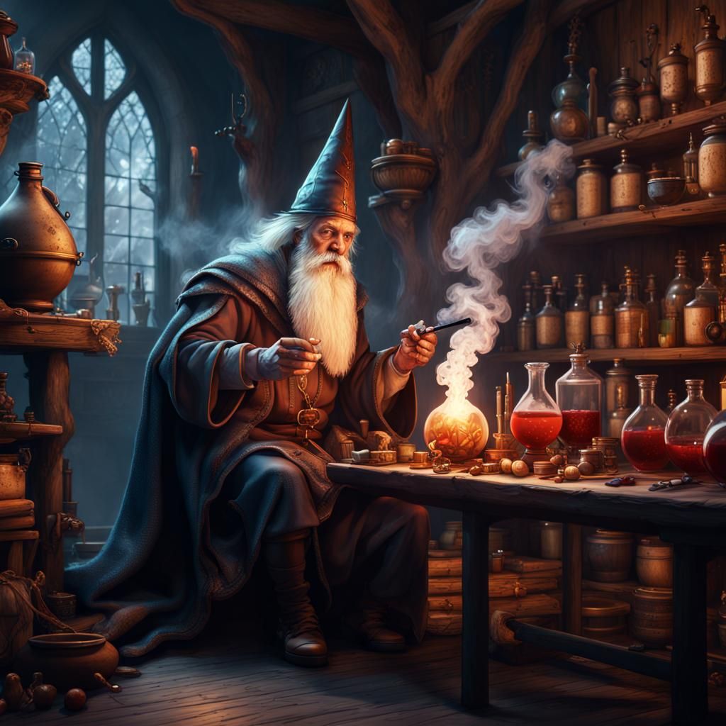 wizard in his medieval potion laboratory smoking a gigantic spliff