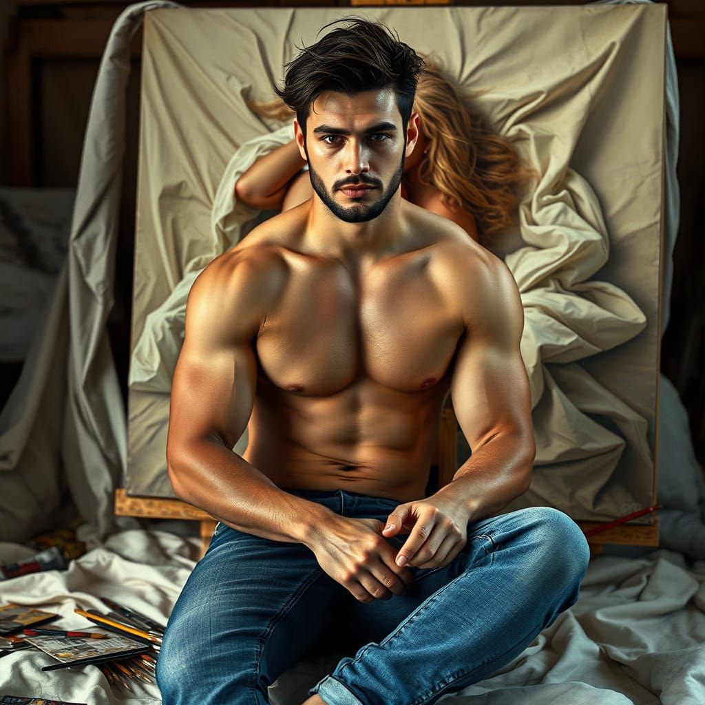 Chiseled Artist Admires Captivating Muse in Epic Oil Paintin...