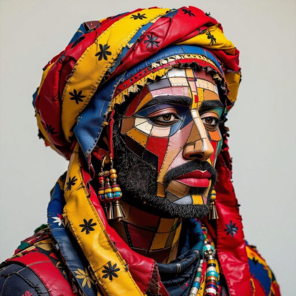 Berber Portrait Crafted from Leather Scraps