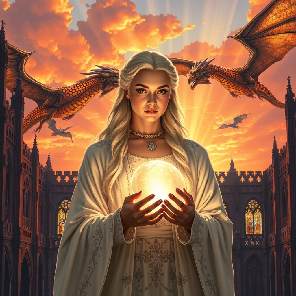 Ethereal Queen of Dragons in Stained Glass Castle at Sunset