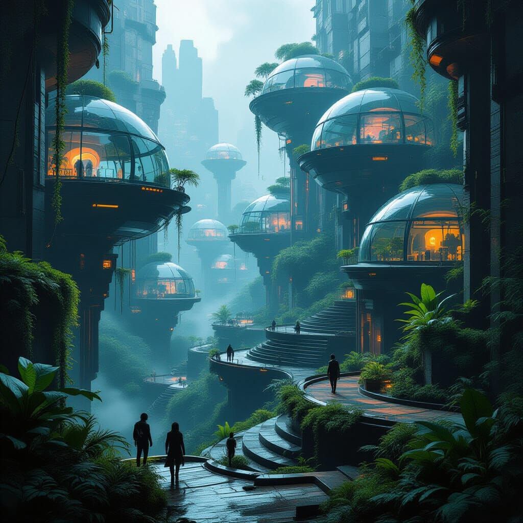 Dystopian Bioforge Terraces in Cyberpunk Style