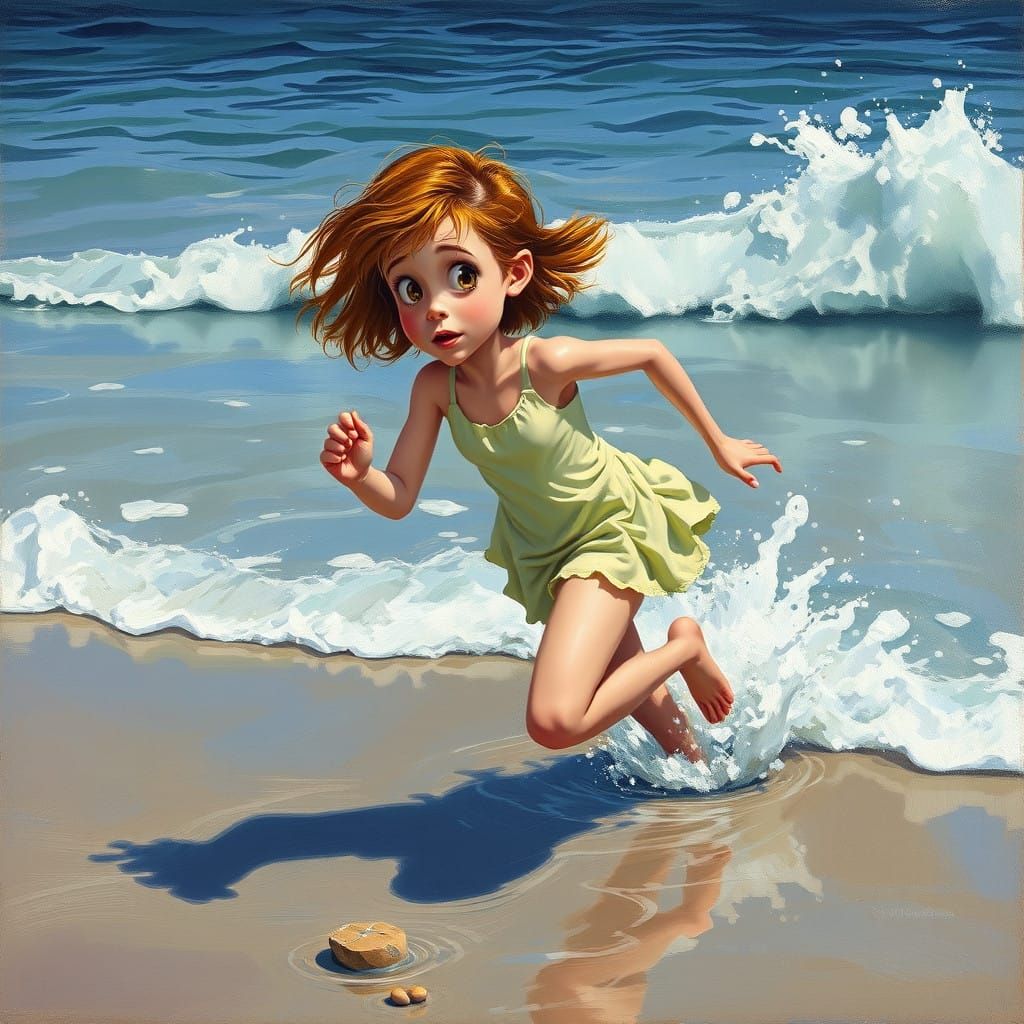 Girl Runs from the Tide in a Vibrant Oil Painting