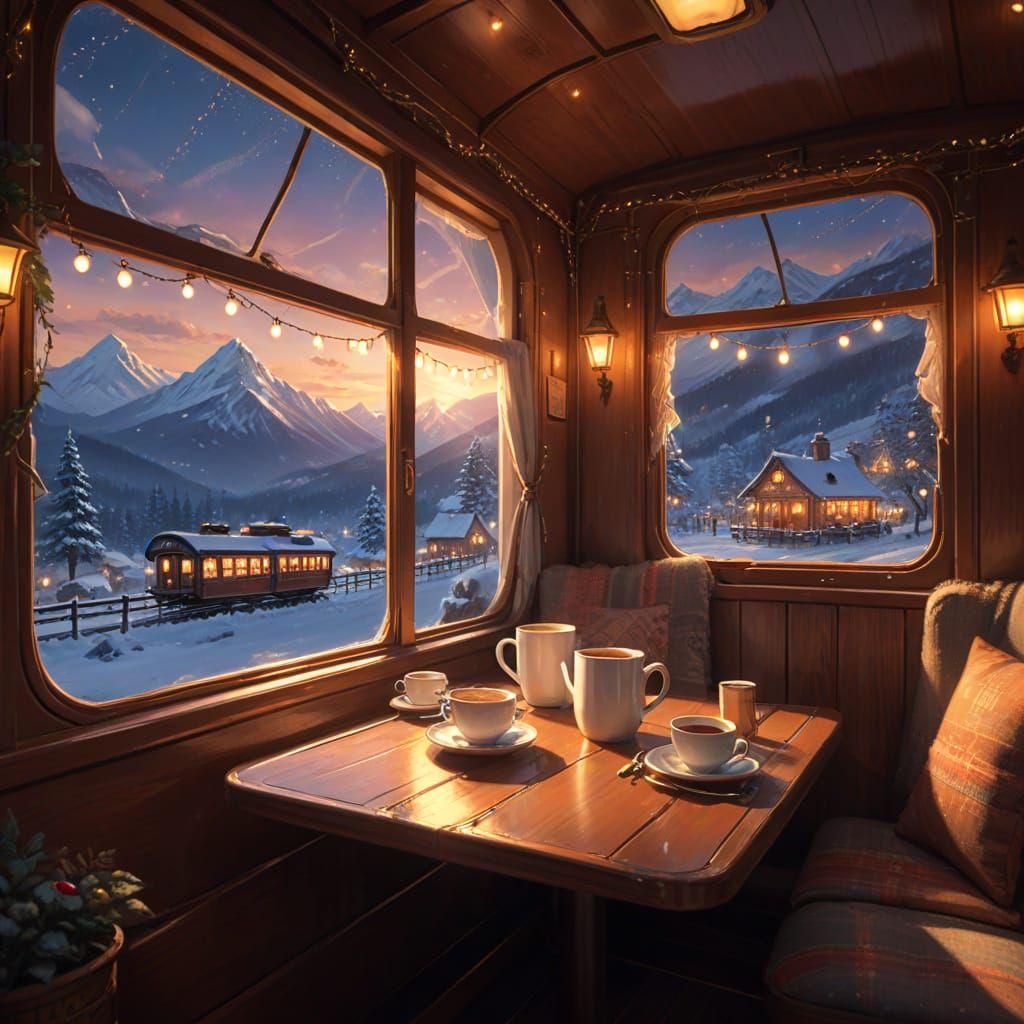 Cozy Train Dining Car in Winter Evening