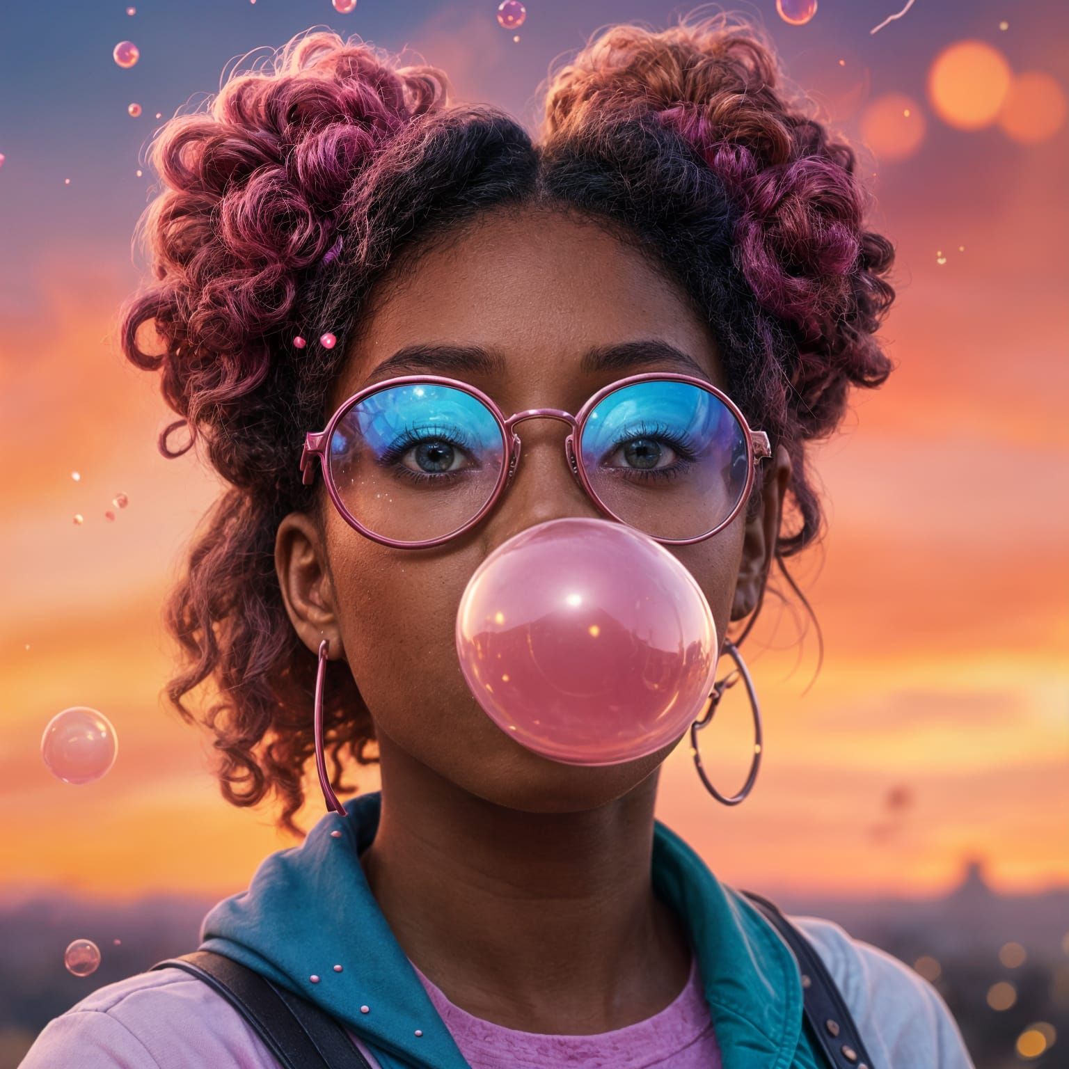 Vibrant Sunset Fantasy Portrait with Confetti Background