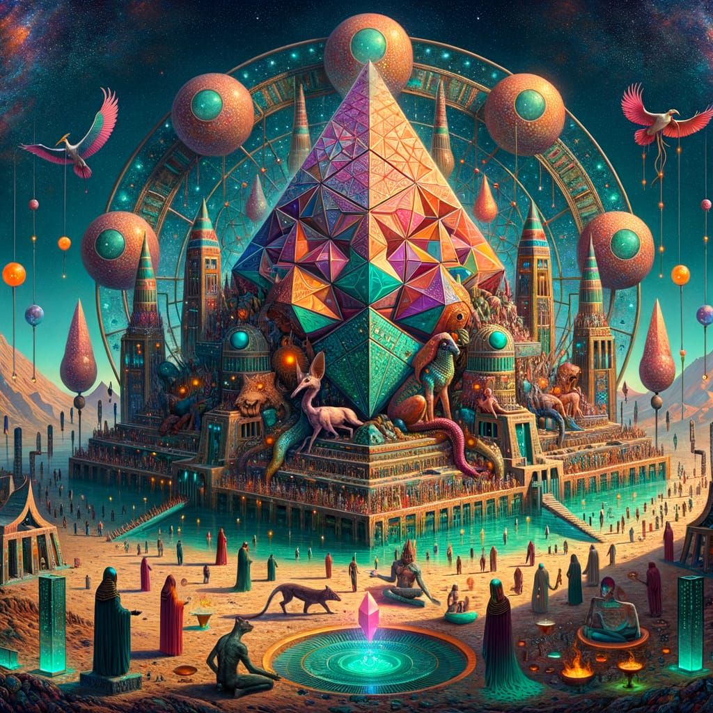 Ancient Futurism in Coral and Gold: A Mystical Pyramid Scene