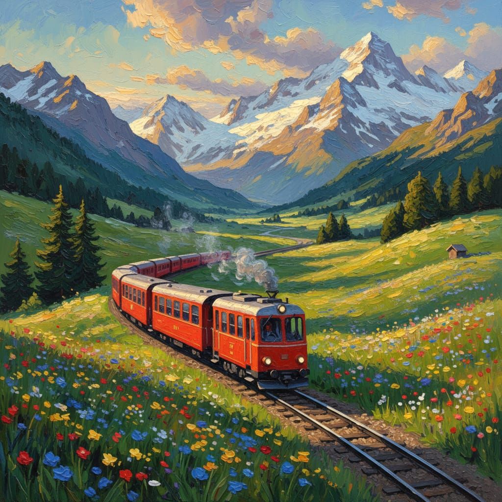 Red Mountain Train in Spring Swiss Alps