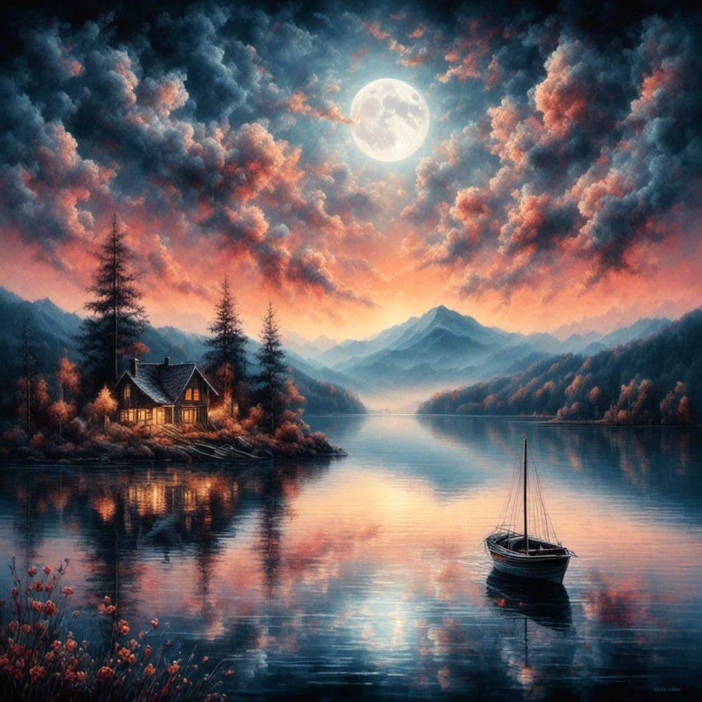 Moonrise Over Conesus Lake: Watercolor Ink Drawing