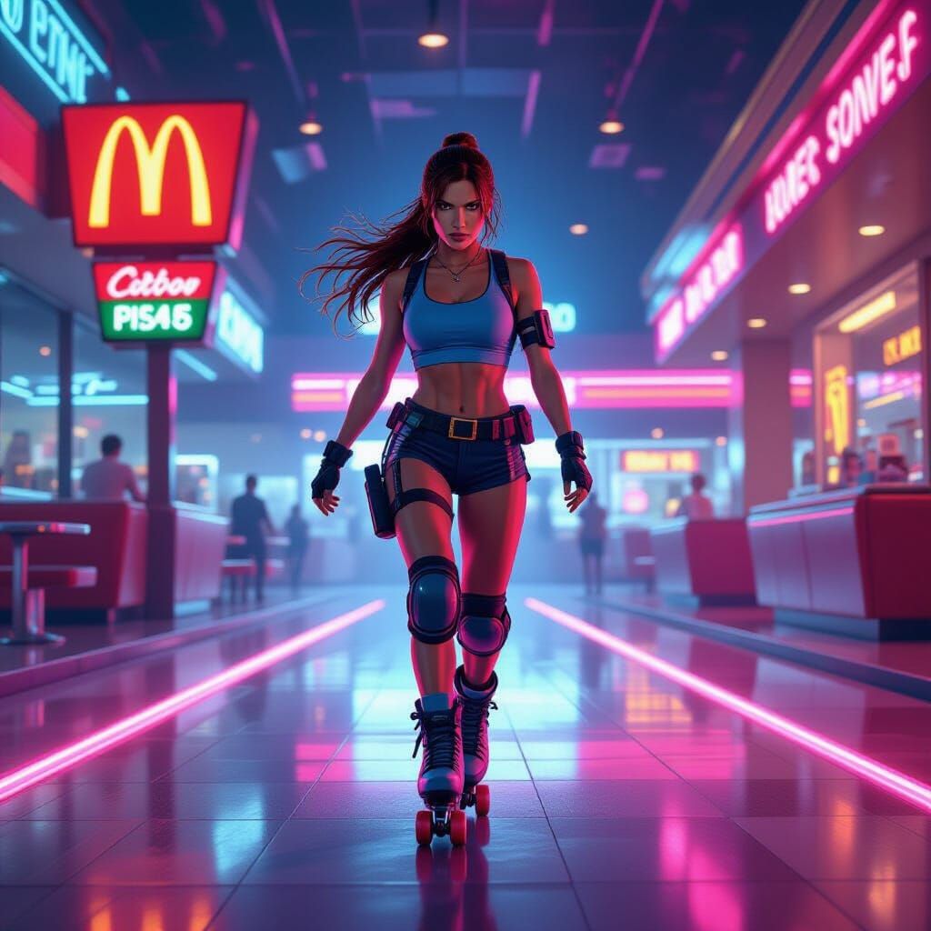 Lara Croft Roller-Skating in a Neon 80s McDonald's