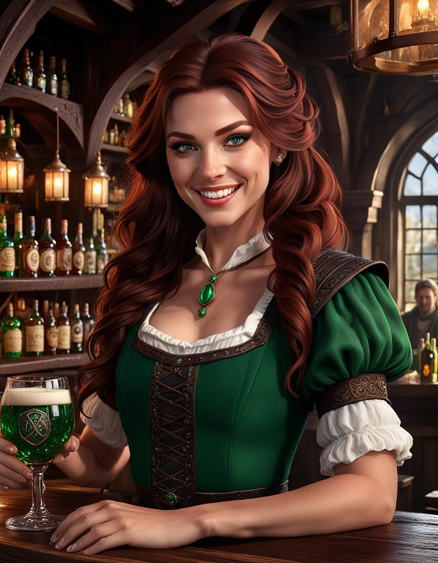 Fantasy Tavern Owner with Auburn Hair, Digital Art