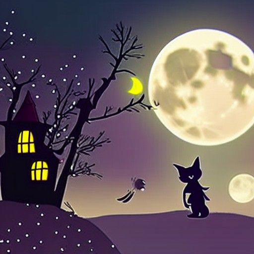Cute Witch Flying with Black Cat in Moonlight