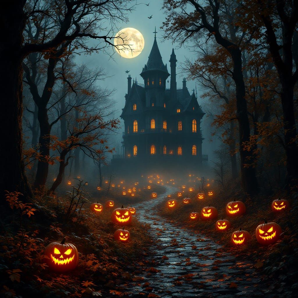 Eerie Mansion in Woods Under Full Moon Glow