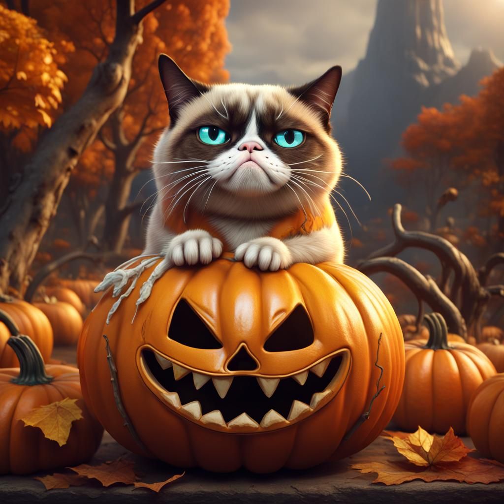 Grumpy Cat in Pumpkin Patch: Fantasy Art