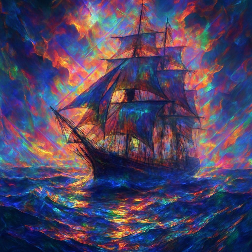 Double Exposure Ship on Stormy Seas with Rainbow Foil