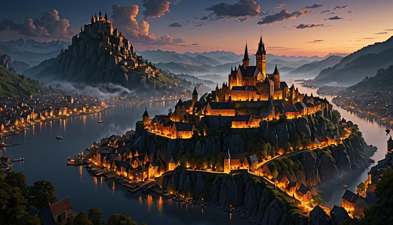 Floating Medieval City in Twilight Fog