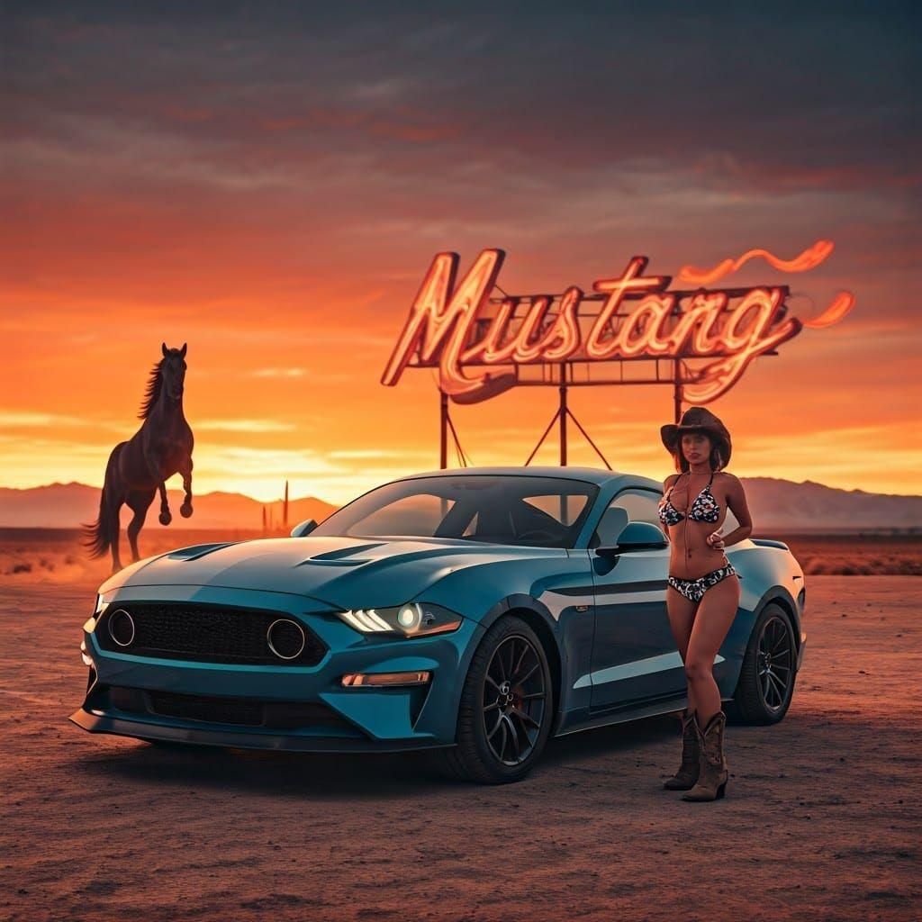 Ford Mustang with Cowgirl and Rearing Mustang Horse