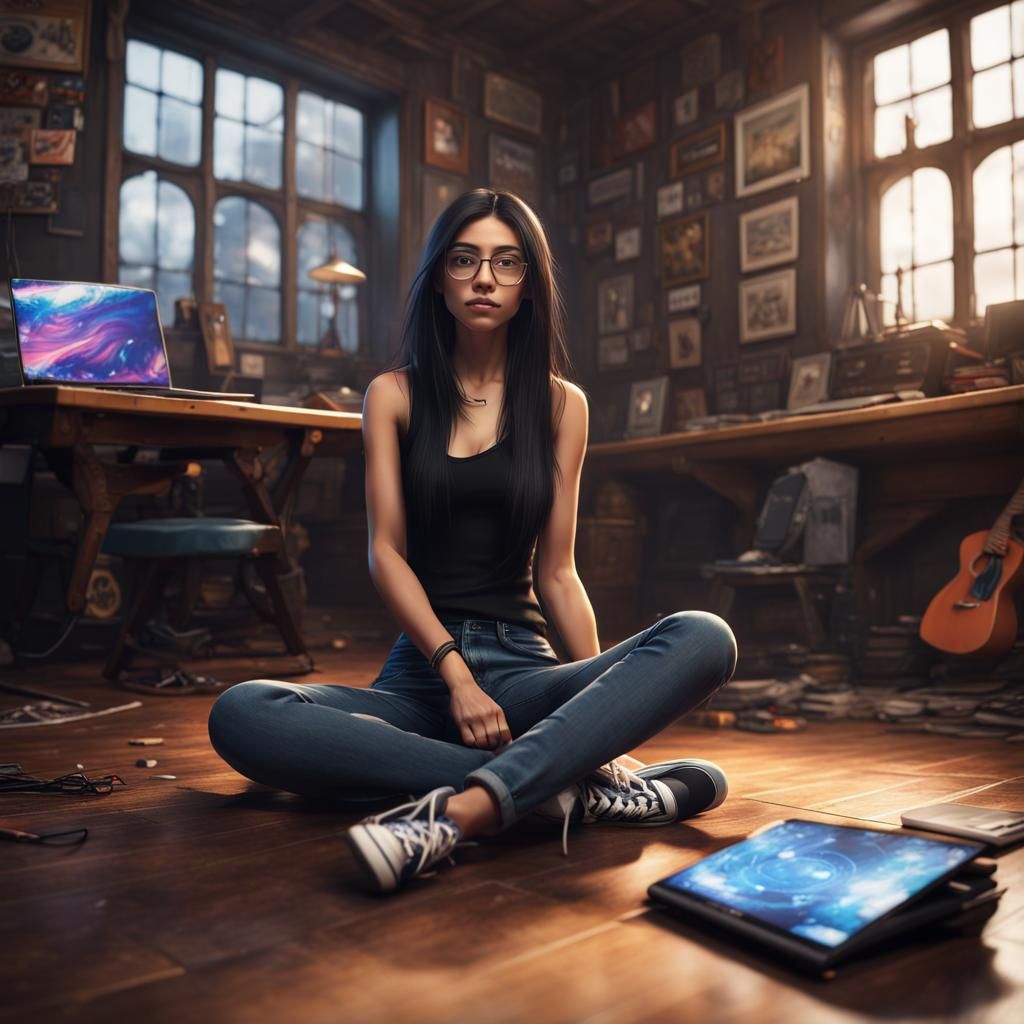 Girl with Laptop: Detailed Fantasy Concept Art