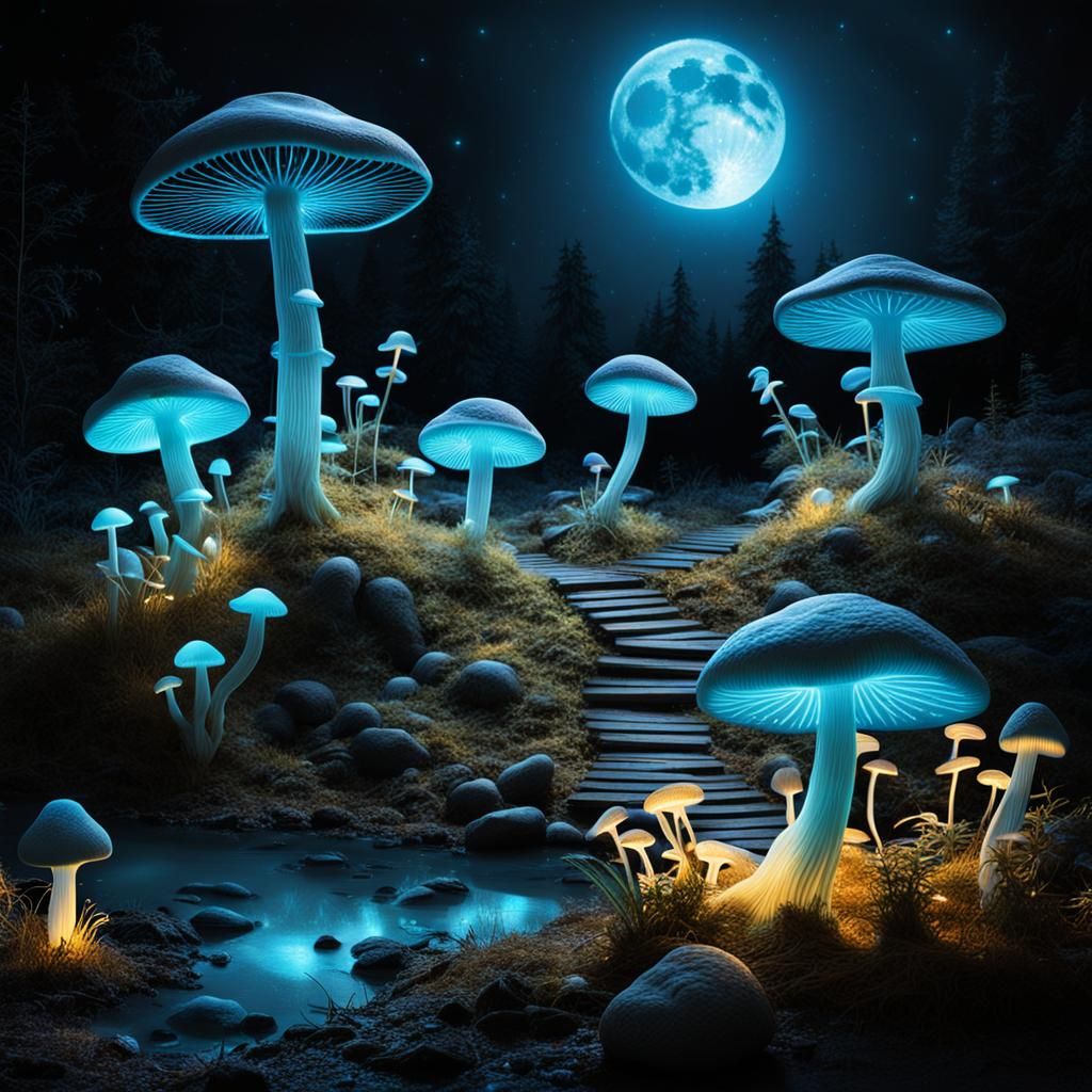 Bioluminescent Mushrooms on Moonlit Fairy Tale Forest Floor