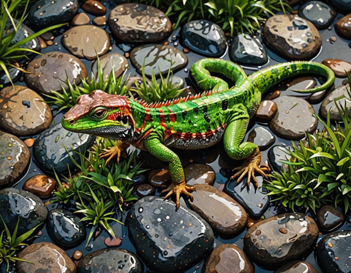 Colorful Lizard on Wet Stones in Hyperrealism