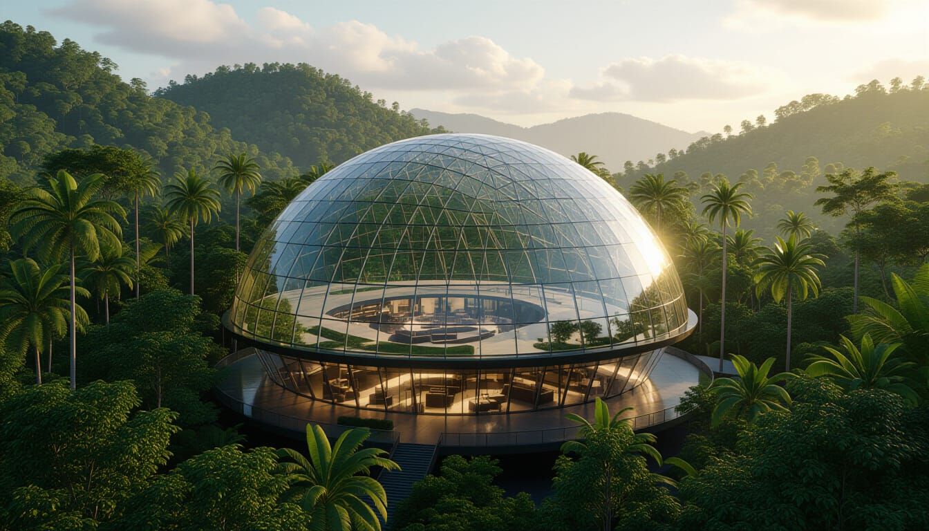 Futuristic Dome Emerges from Dense Jungle in Warm Light