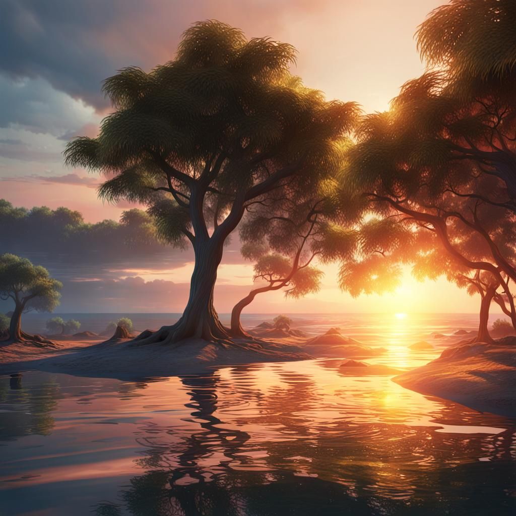 Tranquil Beach Sunset Reflects in Still Sea