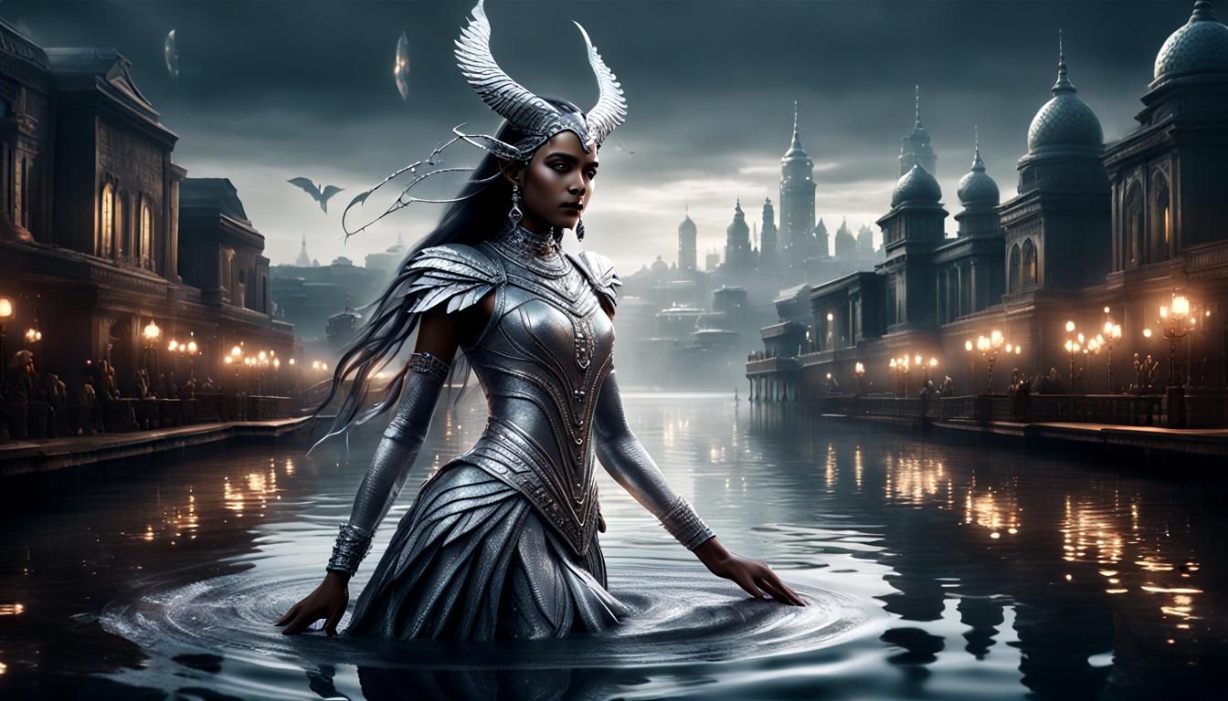 Mystical Lake Nymph in Dark Fantasy Cityscape