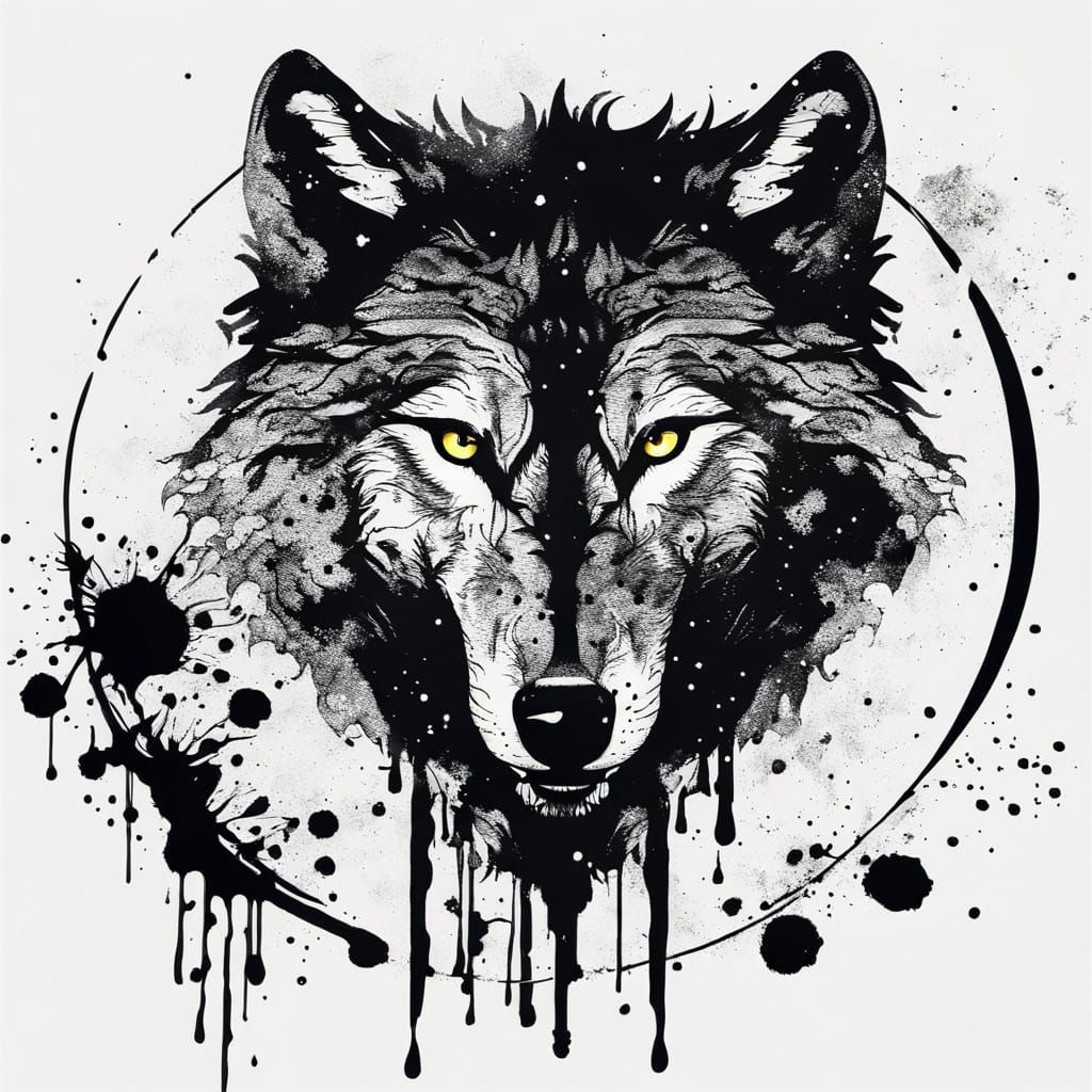 Monochrome Wolf Howling at the Moon in Ink