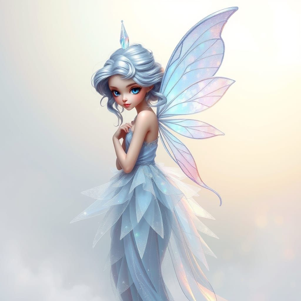 Ethereal Fairy in Iridescent Gown Against Soft White Backgro...